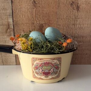 Vintage Yellow Enamel Pot with a Birds Nest & Blue Eggs Decor